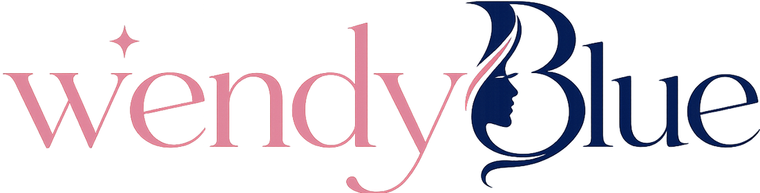 The Wendy Blue logo displayed horizontally, featuring the brand name in pink and navy blue lettering with a stylized profile of a woman's face integrated into the letter B.