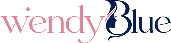 The Wendy Blue logo displayed horizontally, featuring the brand name in pink and navy blue lettering with a stylized profile of a woman's face integrated into the letter B.