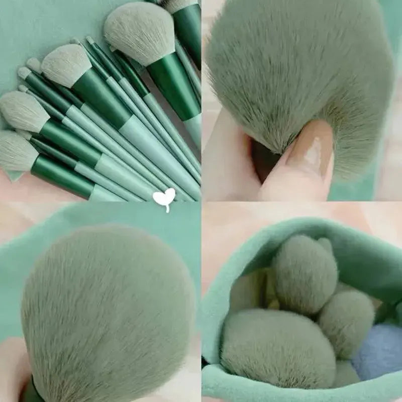 Set of green makeup brushes with close-up shots of bristles and packaging.