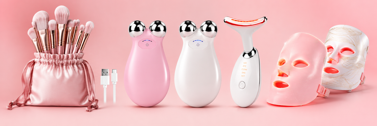 Beauty tools and LED face masks displayed on a soft pink background, WendyBlue