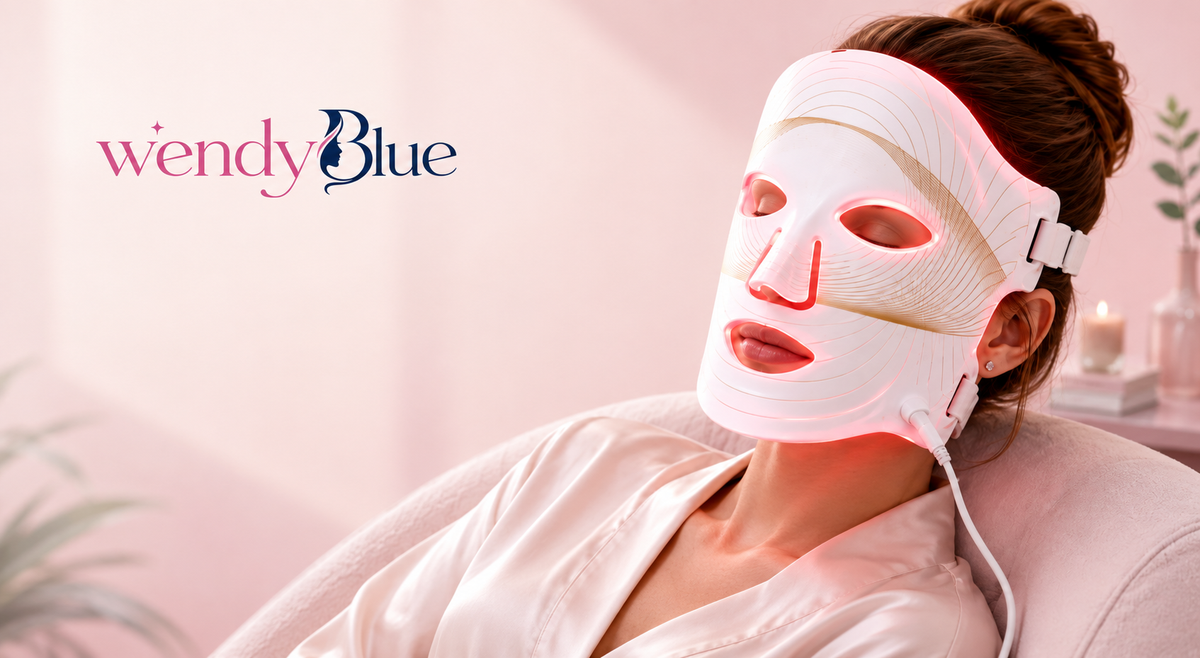 Woman relaxing while wearing a glowing white LED face mask, WendyBlue