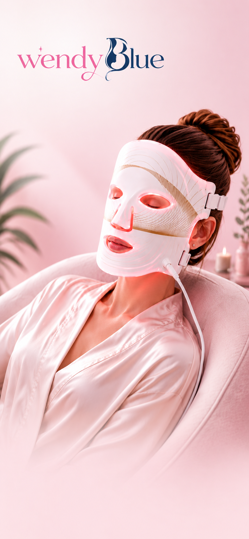 Woman wearing a white LED face mask in a soft pink setting, WendyBlue