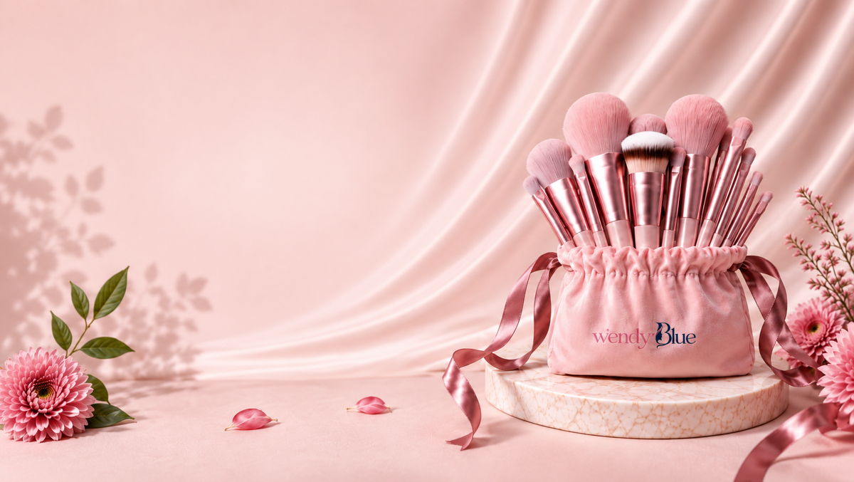 Pink makeup brush set in a pouch on a marble pedestal with flowers, WendyBlue