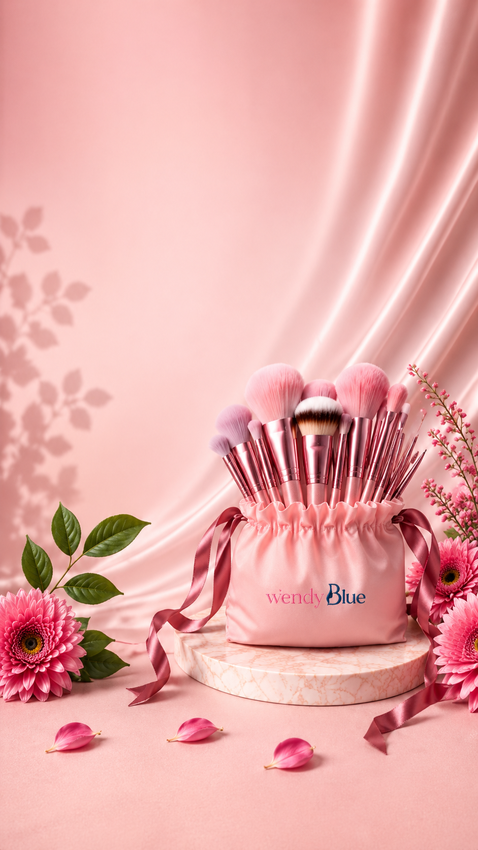 Pink makeup brush set in a satin pouch with flowers, WendyBlue